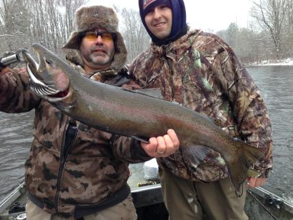 Winter steelhead trout fishing on the Salmon River from a heated drift boat