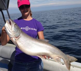 Charter boat fishiing on the easter basin of Lake Ontario for trout and king salmon, near the Salmon River, Pulaski NY