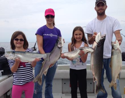 Charter boat fishiing on the easter basin of Lake Ontario for trout and king salmon, near the Salmon River, Pulaski NY