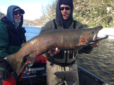 Steelhead fishing the Salmon River in Pulaski NY for steelhead trout from a heated drift boat