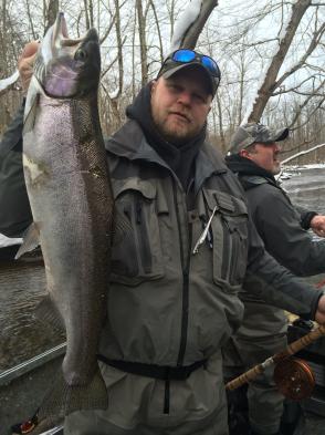 Heated driftboat fishing down the Salmon River in Pulaski Ny for steelhead trout.